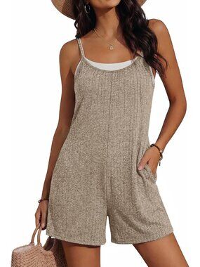 Women's Khaki Summer Casual Loose Sleeveless Overall Adjustable Short Romper